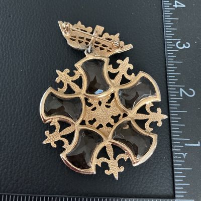 Vintage Gold Tone Maltese Cross & Crown Brooch with Smoky Glass Stones