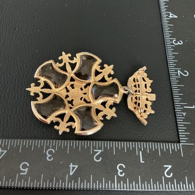 Vintage Gold Tone Maltese Cross & Crown Brooch with Smoky Glass Stones