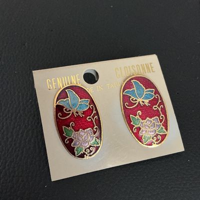 Vintage Genuine Cloisonne Butterfly & Floral Oval Earrings