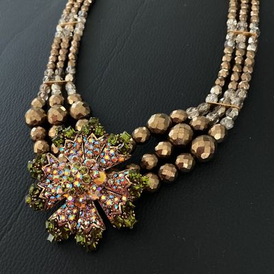Vintage Multi-Strand Beaded Statement Necklace with Rhinestone Flower Focal