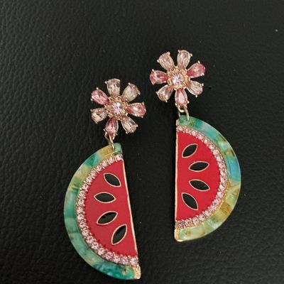 Watermelon Slice and Flower Drop Earrings