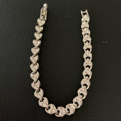 Silver-Tone Rhinestone Heart Link Tennis Bracelet