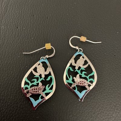 Silver Tone Sea Turtle Dangle Earrings with Teal Enamel Accents