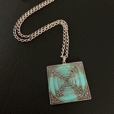 Vintage Sterling Silver Turquoise & Marcasite Geometric Pendant Necklace