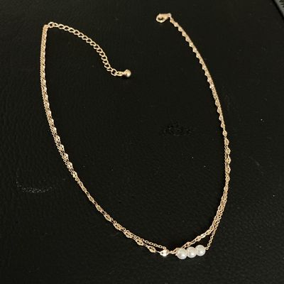Gold-Tone Double Strand Necklace with Three Faux Pearls