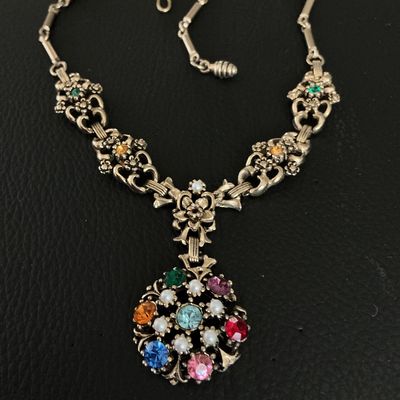 Vintage Multi-Color Rhinestone and Faux Pearl Pendant Necklace