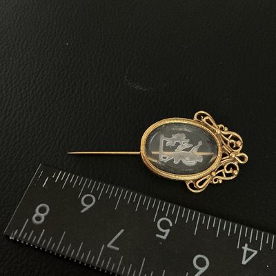 Antique Intaglio Glass Stick Pin with Gold-Tone Filigree Frame