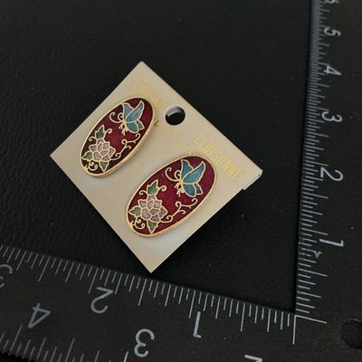 Vintage Genuine Cloisonne Butterfly & Floral Oval Earrings
