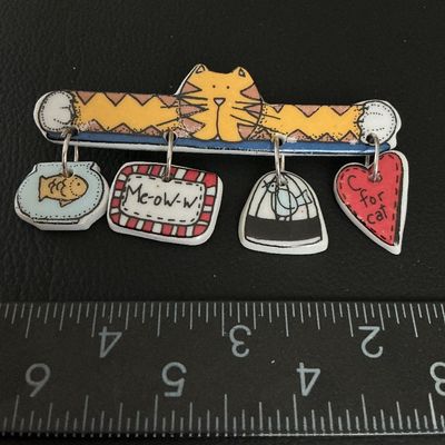 Vintage Whimsical Ceramic Cat Brooch with Dangles