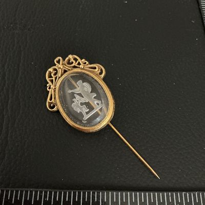 Antique Intaglio Glass Stick Pin with Gold-Tone Filigree Frame