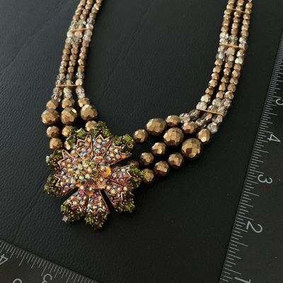 Vintage Multi-Strand Beaded Statement Necklace with Rhinestone Flower Focal