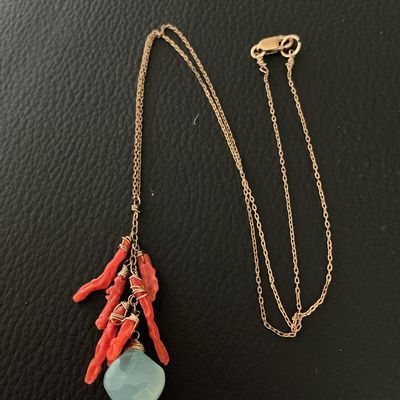 925 Gold Tone Coral and Chalcedony Pendant Necklace
