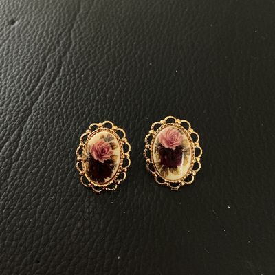 Vintage Gold-Tone Oval Rose Cameo Style Post Earrings