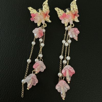 Glass Gold-Tone Butterfly and Pink Floral Dangle Earrings