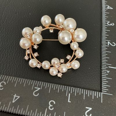 Gold-Tone Faux Pearl and Rhinestone Wreath Brooch