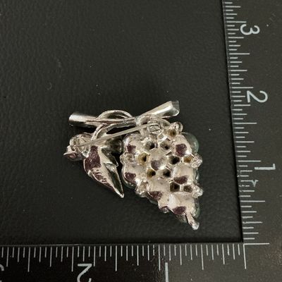Vintage Silver Tone Grape Cluster Brooch with Green Stones and Rhinestones