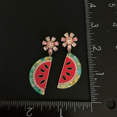 Watermelon Slice and Flower Drop Earrings