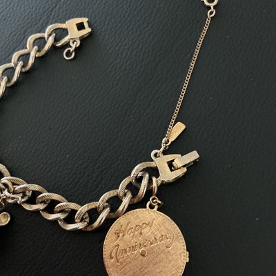 Vintage Monet Gold-Tone Charm Bracelet with Teddy Bear & Anniversary Charms