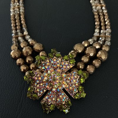 Vintage Multi-Strand Beaded Statement Necklace with Rhinestone Flower Focal