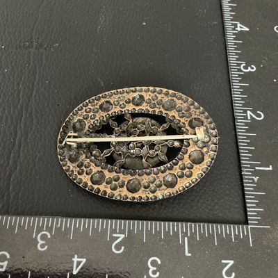 Antique Victorian Style Brass and Faceted Black Glass Oval Brooch