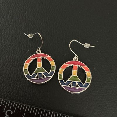 Rainbow Enamel Peace Sign Dangle Earrings