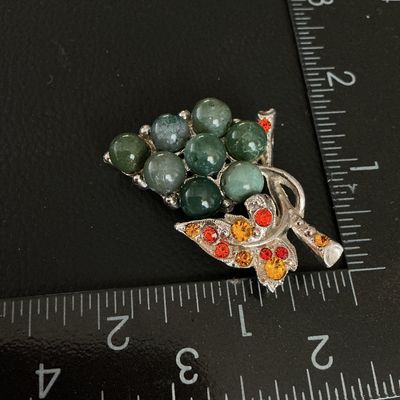 Vintage Silver Tone Grape Cluster Brooch with Green Stones and Rhinestones