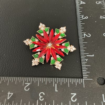 Vintage Christmas Poinsettia and Holly Snowflake Brooch