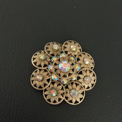 Vintage Gold Tone Aurora Borealis Rhinestone Filigree Brooch