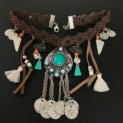 Boho Style Faux Turquoise and Lace Choker Necklace