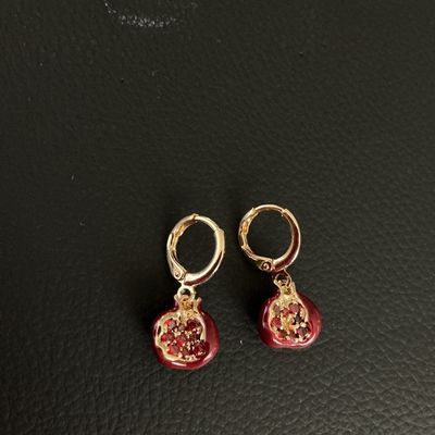 Gold-Tone Pomegranate Huggie Hoop Earrings with Red Crystals