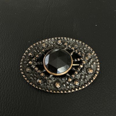Antique Victorian Style Brass and Faceted Black Glass Oval Brooch