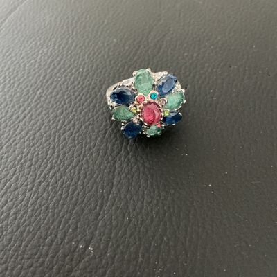 Multi-Color Gemstone Flower Cluster Ring