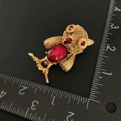 Vintage Gold Tone Filigree Owl Brooch with Red Cabochon & Rhinestones