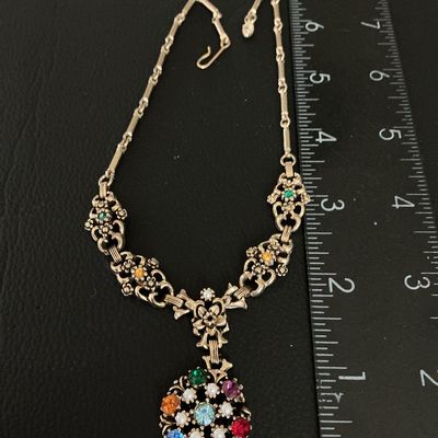 Vintage Multi-Color Rhinestone and Faux Pearl Pendant Necklace