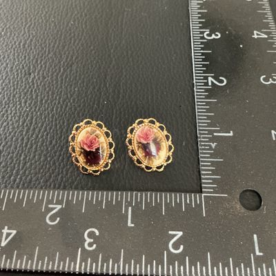 Vintage Gold-Tone Oval Rose Cameo Style Post Earrings