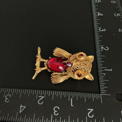 Vintage Gold Tone Filigree Owl Brooch with Red Cabochon & Rhinestones