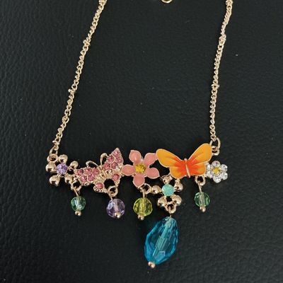 Gold-Tone Butterfly and Flower Charm Necklace