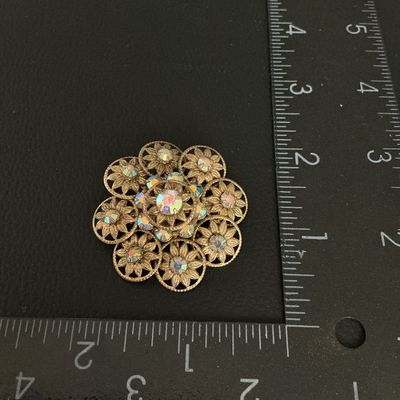 Vintage Gold Tone Aurora Borealis Rhinestone Filigree Brooch