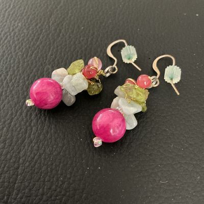 Handcrafted Beaded Dangle Earrings with Pink and Green Stones
