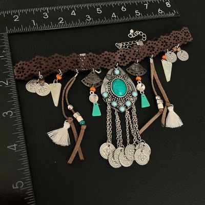 Boho Style Faux Turquoise and Lace Choker Necklace