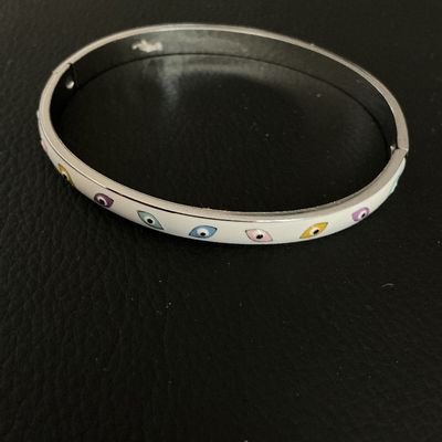 Silver Tone Multi-Color Evil Eye Enamel Hinged Bangle Bracelet