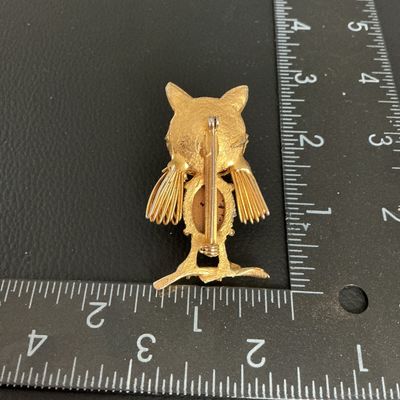 Vintage Gold Tone Filigree Owl Brooch with Red Cabochon & Rhinestones