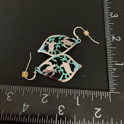 Silver Tone Sea Turtle Dangle Earrings with Teal Enamel Accents