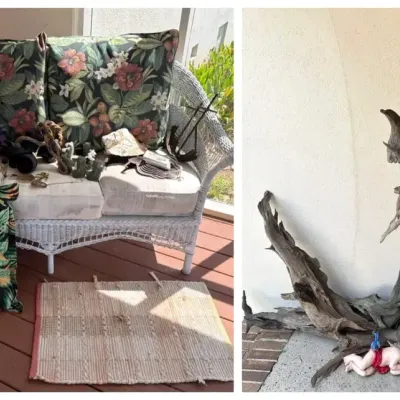 Wicker Bench With Yard Decor