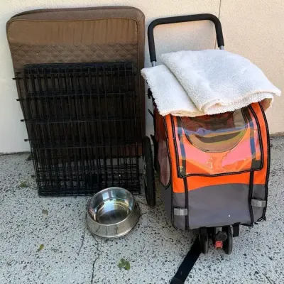 Orange Dog Stroller, Cage, Bowls & Bed