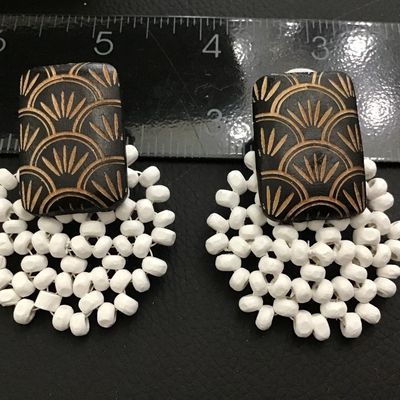 Wood Carved White Floral Statement Earrings