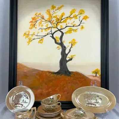Japanese Lusterware & Framed Autumn Tree Art