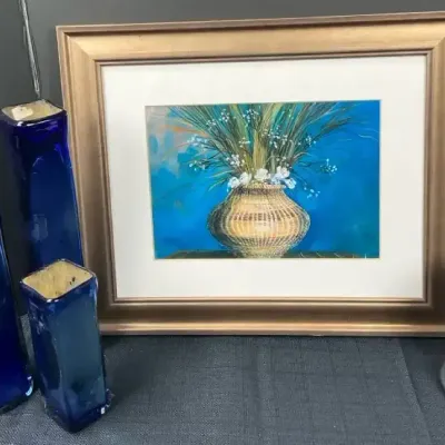 Cobalt Glass & Painted Basket Set