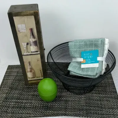 Rustic Wine Gift Box, Lime Saver, Placemats & Wire Fruit Basket