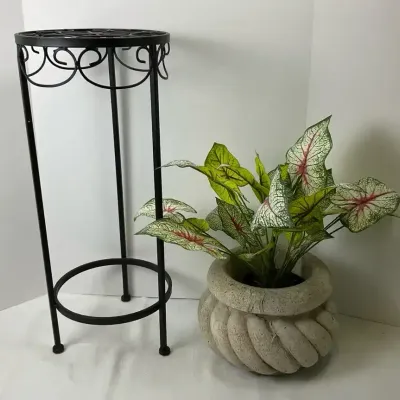 Scrolled Iron Plant Stand & Faux Caladium